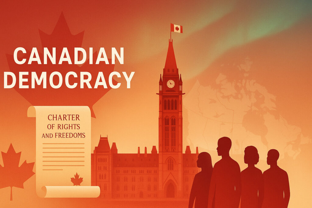 A high-resolution, 1980×1080 landscape collage illustrating the essence of Canadian democracy. with a stylized Parliament Hill with the Peace Tower centered, softly illuminated at dusk. The Canadian Charter of Rights and Freedoms, a maple leaf motif, diverse silhouettes of citizens standing together, provincial and territorial shapes faintly layered in the background, and a faint northern-lights glow across the sky.